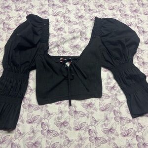🍄Urban Outfitters Black Puff-Sleeve Tie-Front Top